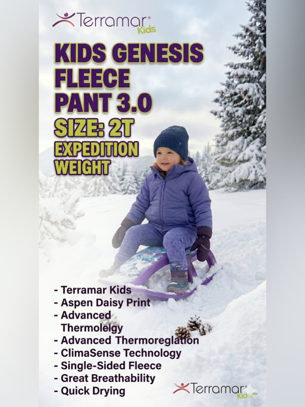 TERRAMAR Kids Girls 2T Genesis 3.0 Fleece Base Layer Pants Blue Aspen Daisy NIB